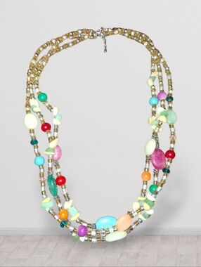 statement three strand natural multi-gemstone and glass bead necklace